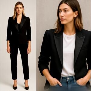 Smythe 4 Classic Wool $725 Tuxedo Blazer Wool Wide Shimmer Lapel Jacket Black